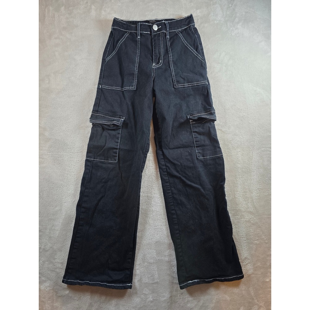 Forever 21 Pants Womens XS Black Cargo White Stitching Utility Pocket 29" Inseam